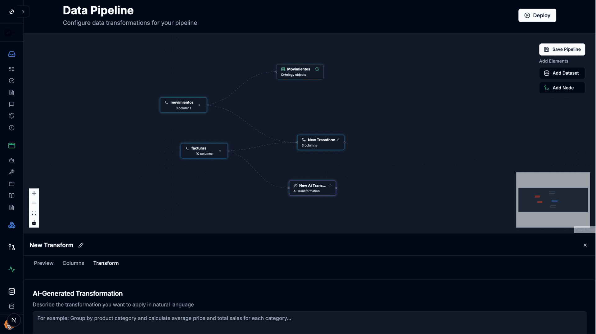 Data transformation pipeline builder in Oversai Operations Intelligence Platform. Drag-and-drop interface for cleaning, transforming, and structuring business data automatically.