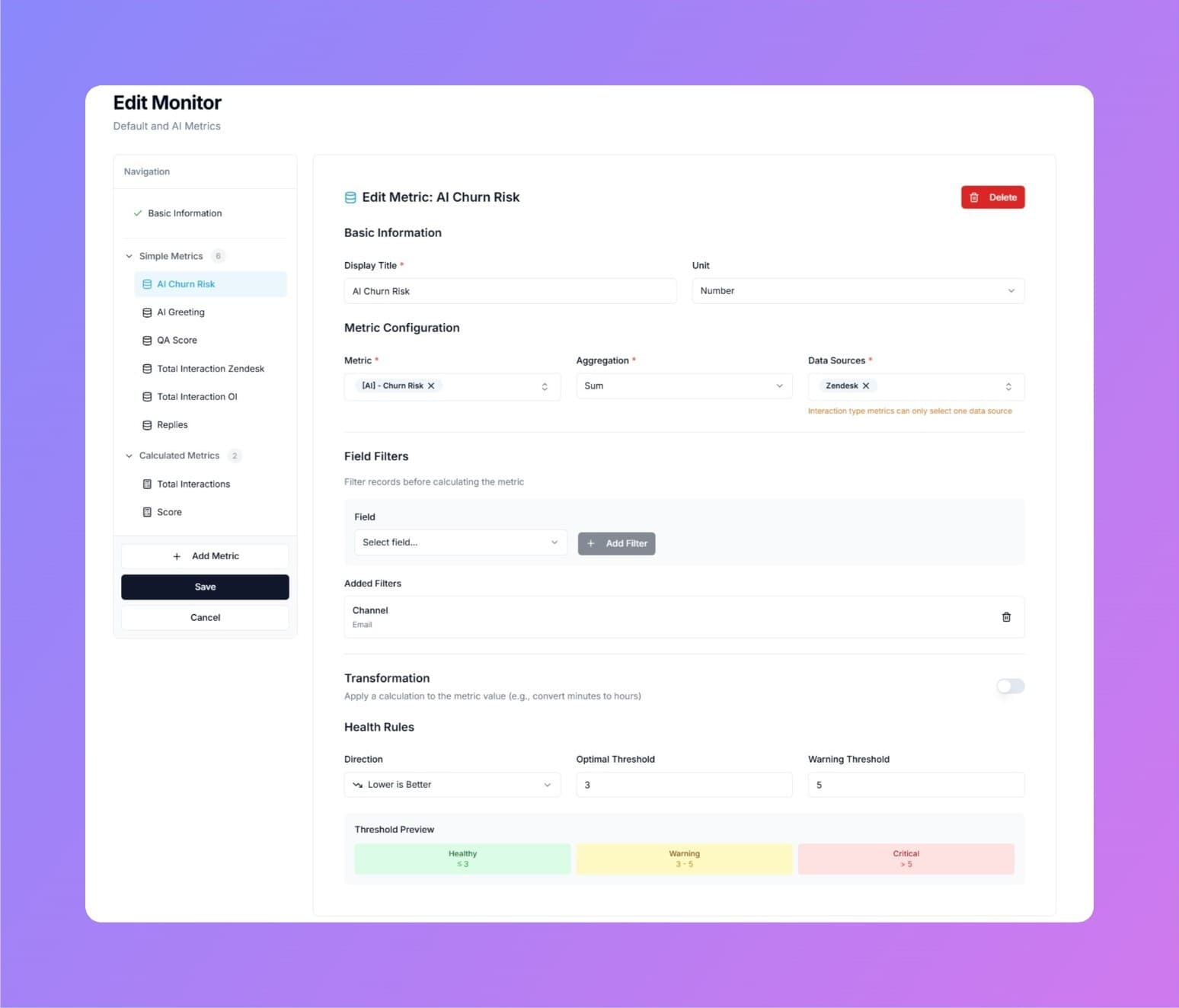 Oversai Observability Platform - Monitor configuration interface showing how to set up monitors with healthy thresholds for KPIs and metrics, providing a proactive view of operations.