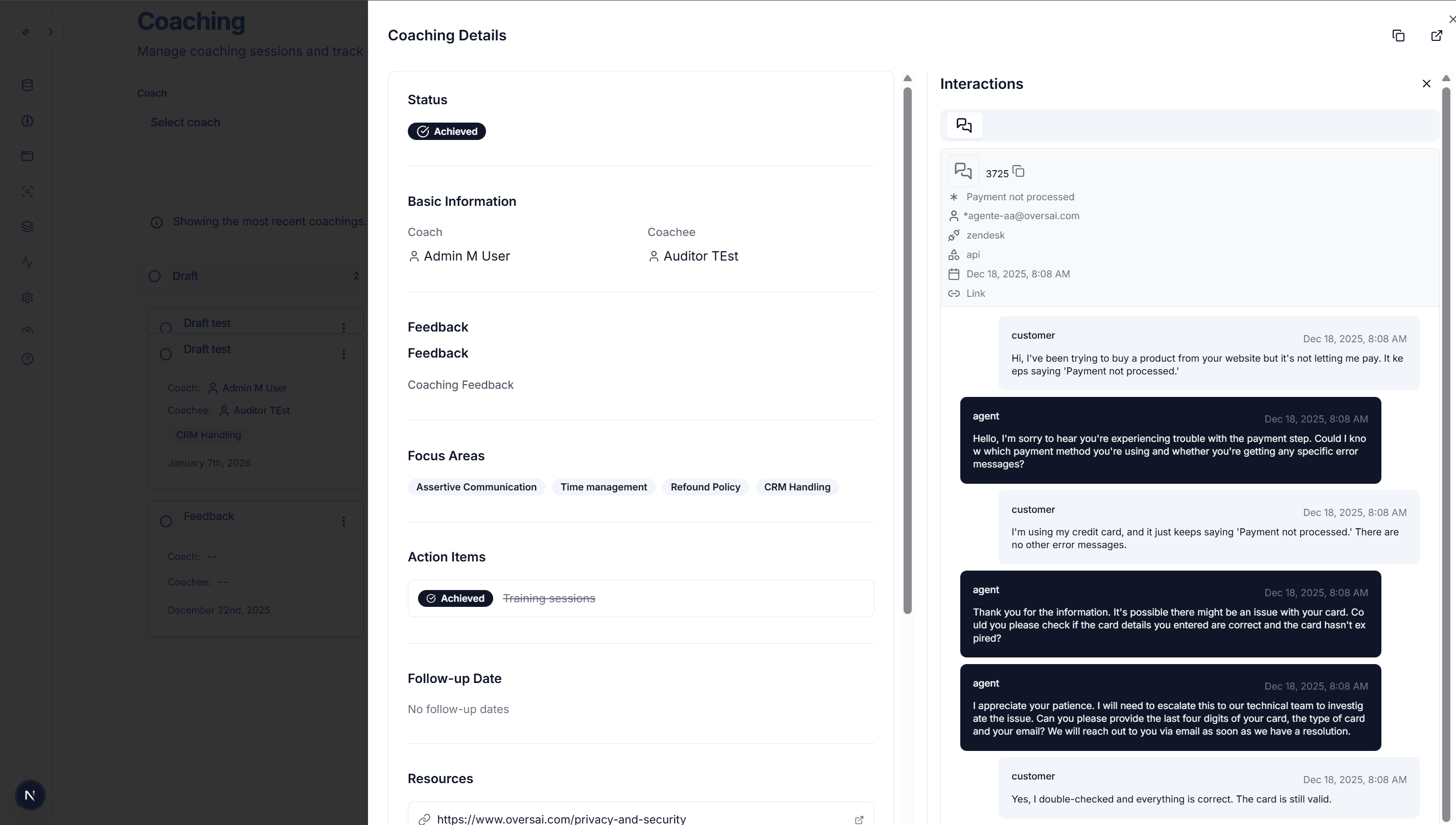 Oversai Coaching Interactions - Review agent interactions to create coaching plans